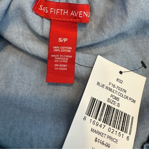 NWT Saks Fifth Avenue Chambray Mini Pom Pom Off-Shoulder Flounce Dress Size S - Picture 8 of 10